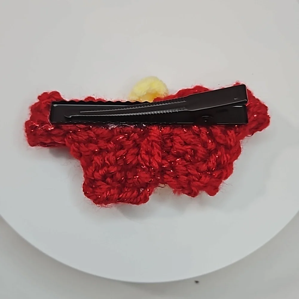 Hand Crafted Hand Knit Crochet Bow Hair Clip Red & Yellow puffy crocheted flower